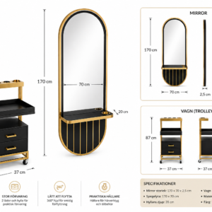 Frisörspegel med Hylla + Trolley – Svart/Vit & Guld Design